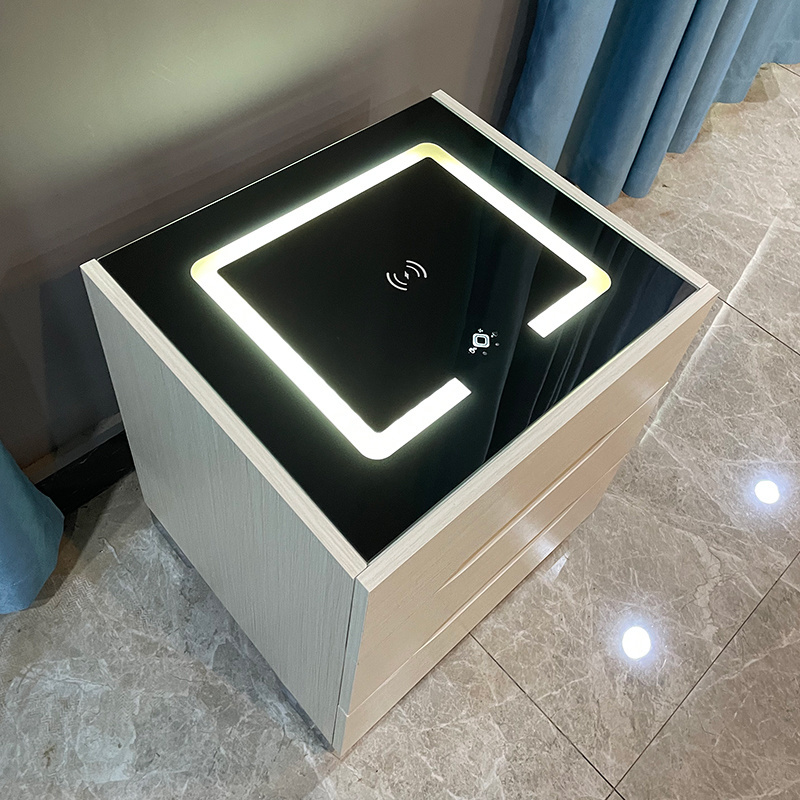 Minimalist Bedroom Furniture 3 Drawers Rectangular Cabinet LED Smart Nightstand Bedside Table With Wireless USB Charging Design