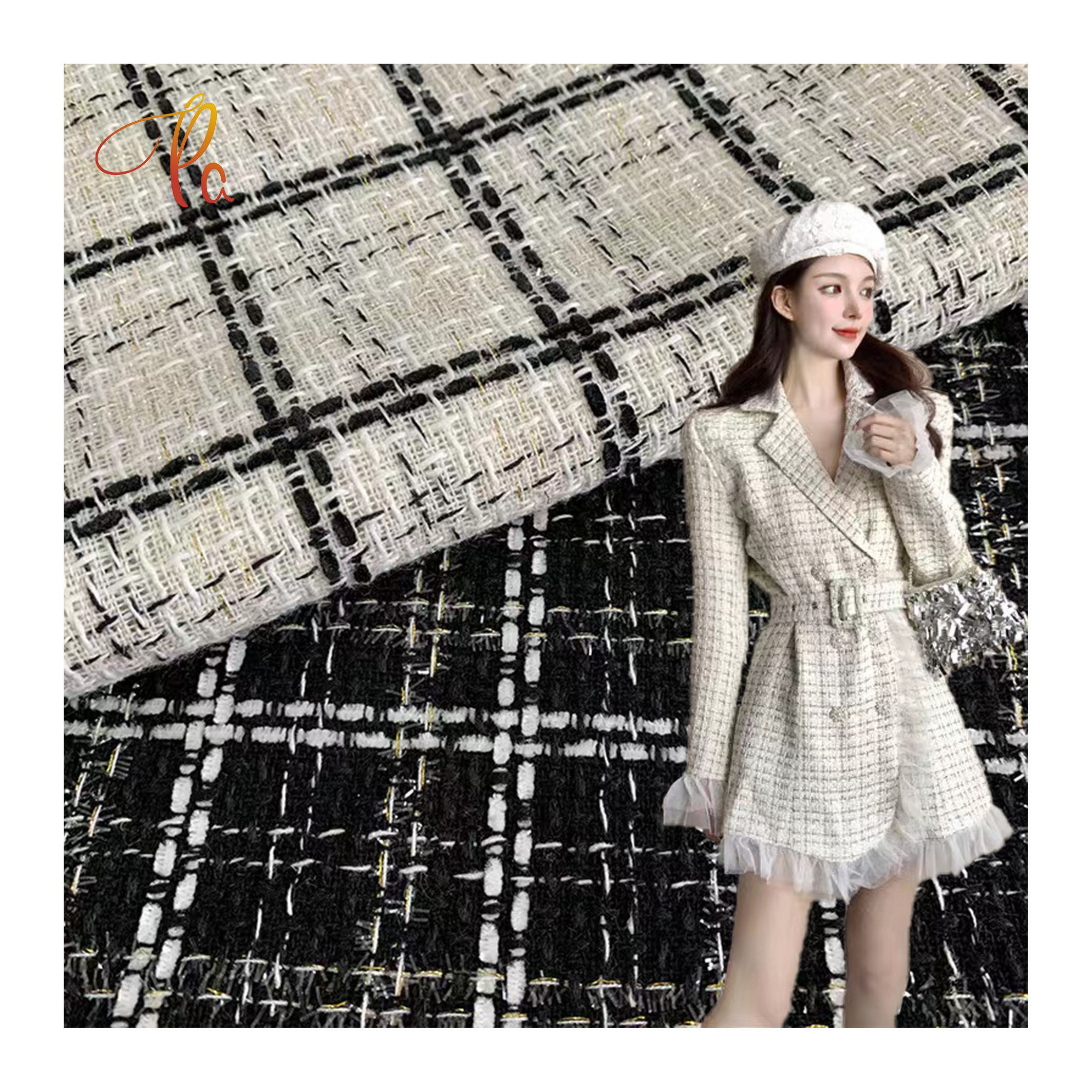 2022 High Fashion Design Plaid Faux Tissus Tela De Tweed Fabric For Wool Black Ladies Coat