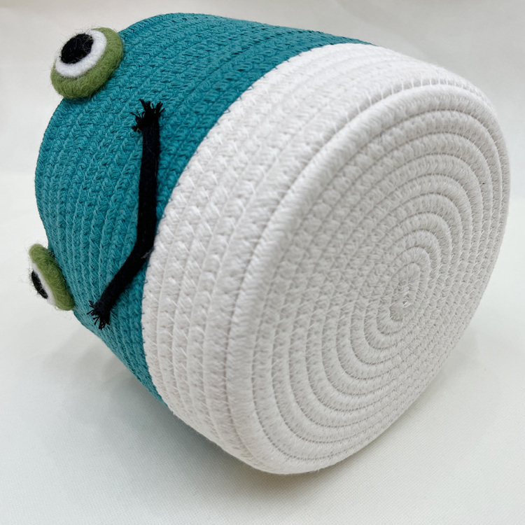 Cute Green Frog Woven Baby Organizer Storage Laundry Basket For Nursery Stuffed Animal Toy Cotton Rope Storage Bin for Kids Room