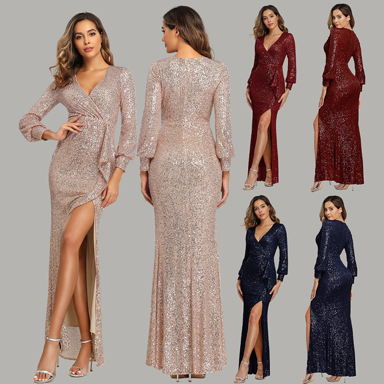 New Arrival V Neck Ruffles Women Evening Dress Split Shine Long Sleeve Sequin Bridesmaid dresses Women Evening Dress