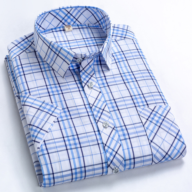 Men Formal Shirts Summer Easy-Care Breathable Plaid Printed Short Sleeve Man Shirts Turn-down Collar Checked Shirts Daily Wear