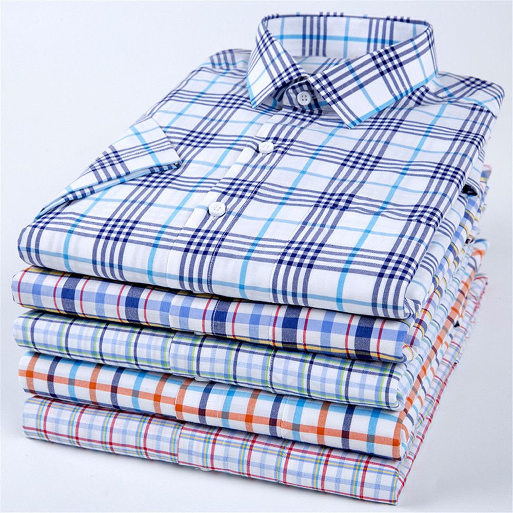 Men Formal Shirts Summer Easy-Care Breathable Plaid Printed Short Sleeve Man Shirts Turn-down Collar Checked Shirts Daily Wear