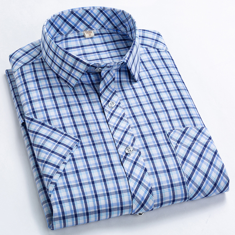 Men Formal Shirts Summer Easy-Care Breathable Plaid Printed Short Sleeve Man Shirts Turn-down Collar Checked Shirts Daily Wear