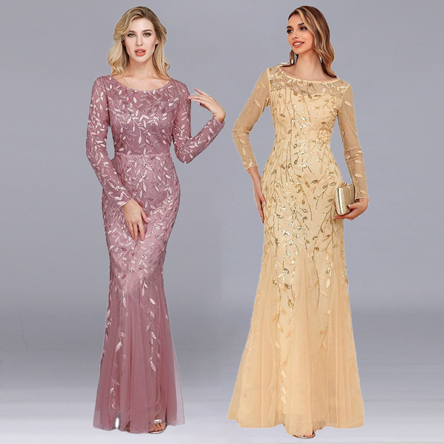 Evening Mother Of The Bride Clothing Long Sleeve Mesh Sequin Slim Woman Dresses Formal Elegant Party Bridesmaid Dresses