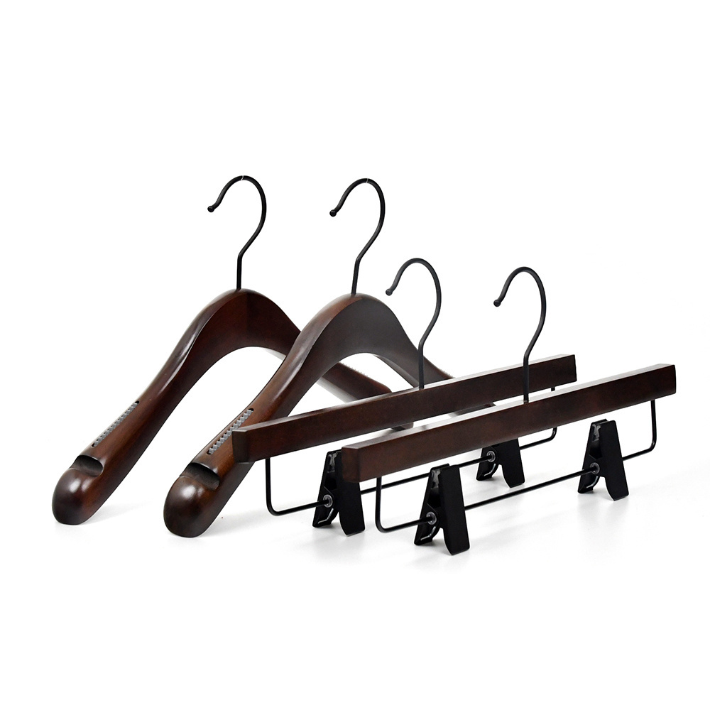 Custom logo Luxury Black Walnut Wooden Baby Suit Clothes Hangers with Clips