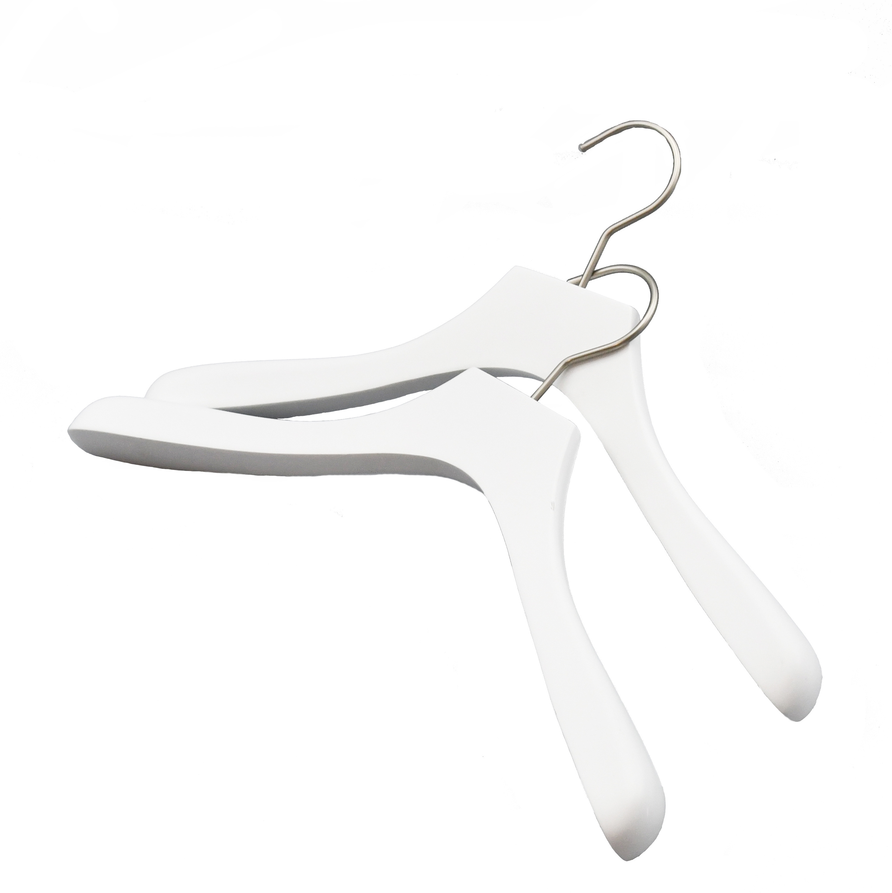 Supplier white wooden coat hanger set with nickel hook for cloths