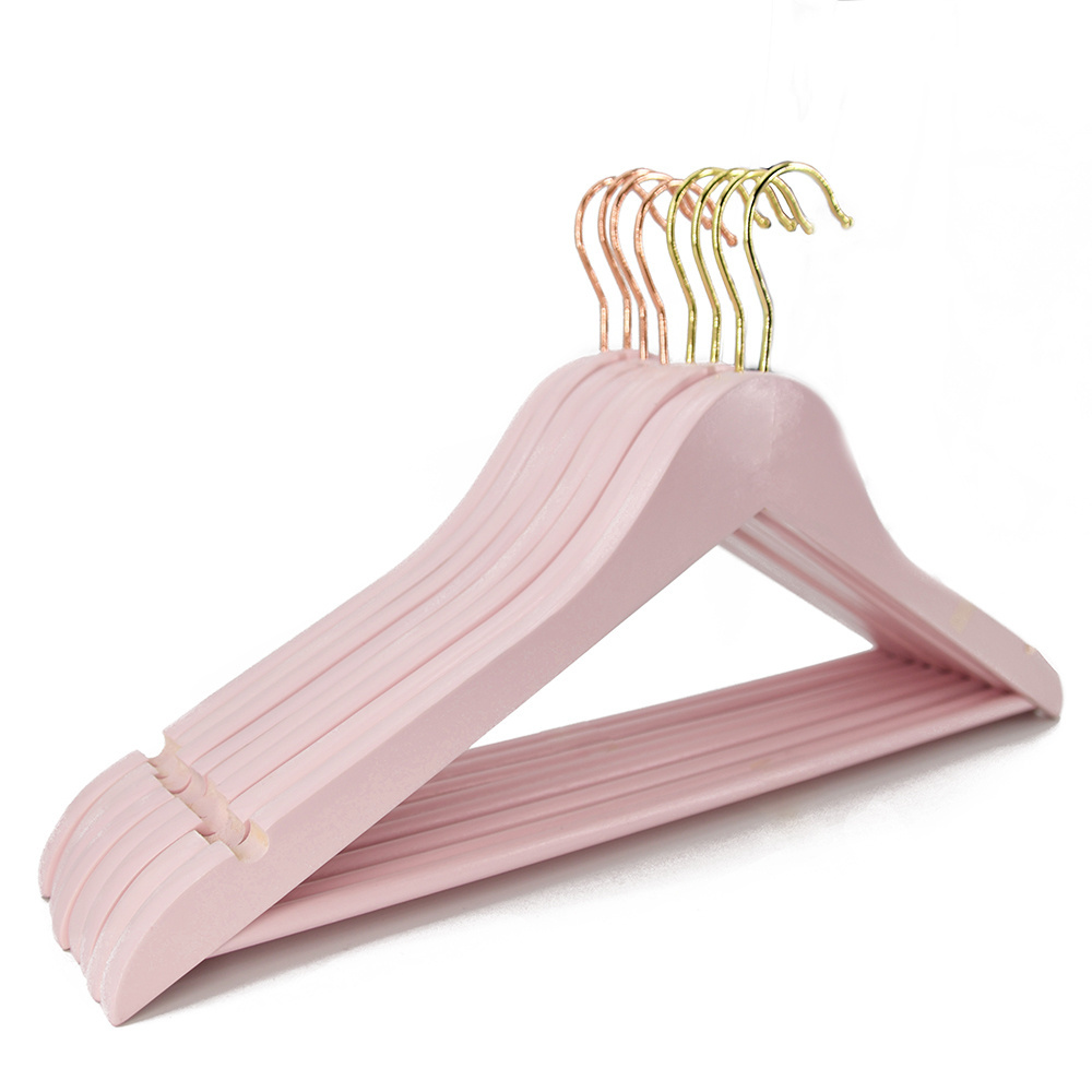 Manufacturer printed logo pink wooden clothes hanger with rose gold hook