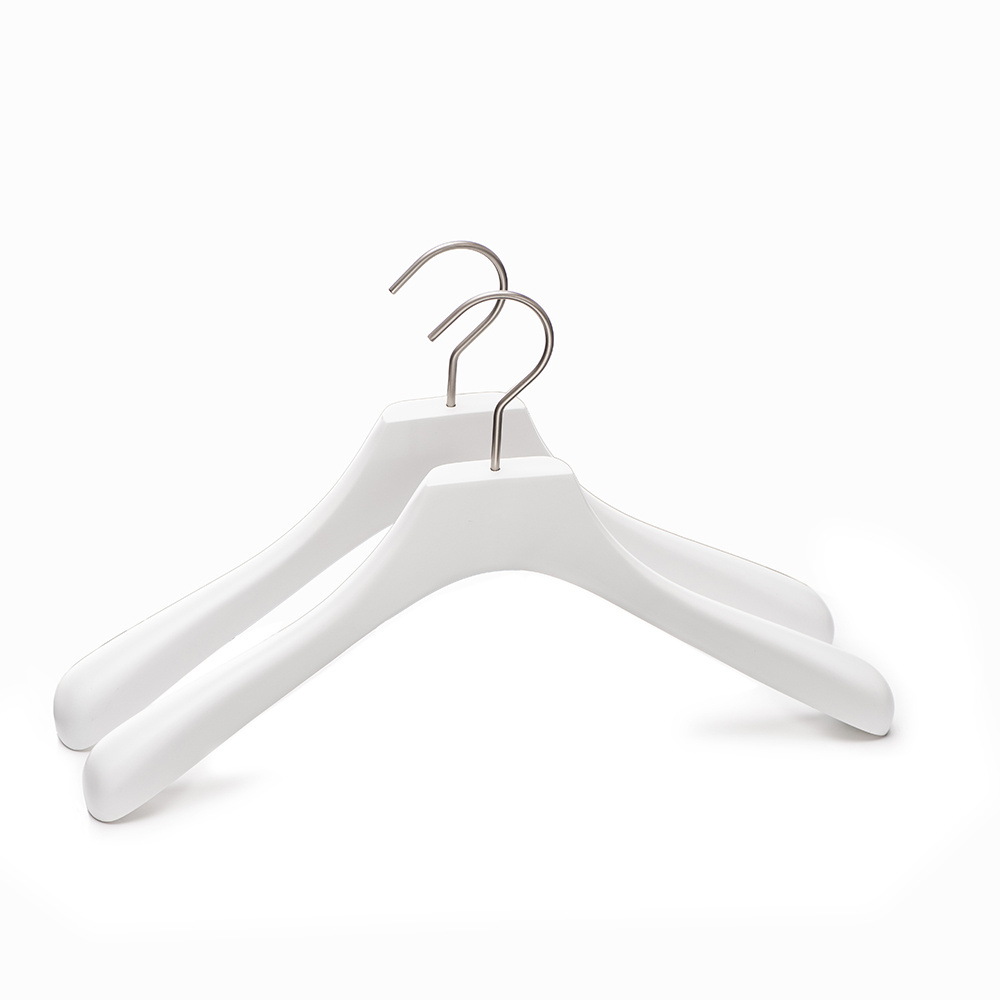 Supplier white wooden coat hanger set with nickel hook for cloths