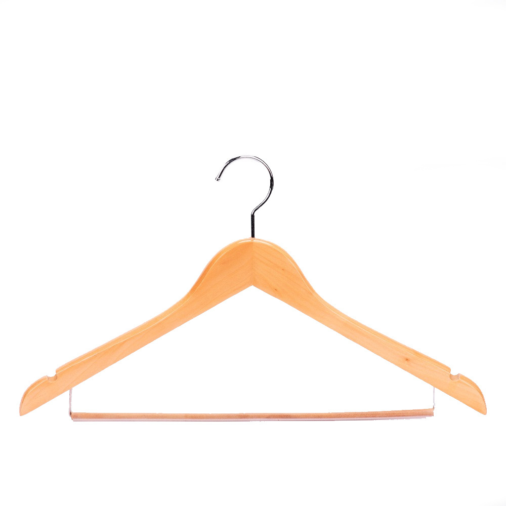 Free Sample Natural Finishing Color bulk Wooden clothes hangers whit bar for hotel