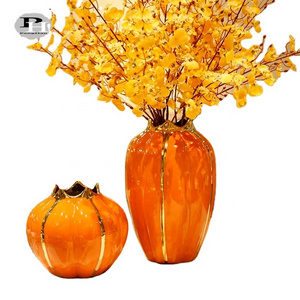 Modern luxury ceramic homedecor vase porcelain gold plated and orange color vase christmas pumpkin vase for table