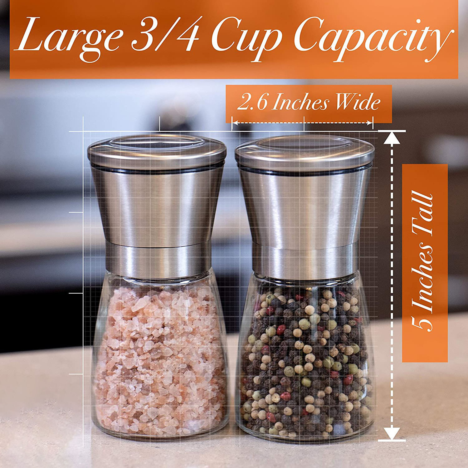 Premium Stainless Steel Salt and Pepper Grinders Adjustable Sea Salt and Pepper Shakers Glass Salt and Pepper Seasoning Jar