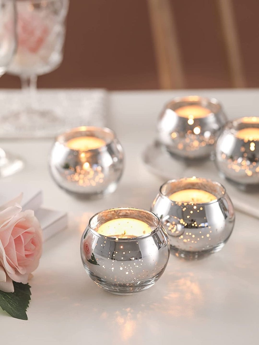 Silver Votive Candle Holder Set Wedding Centerpieces for Table, Mercury Glass Tealight Candle Holders Bulk for Birthday