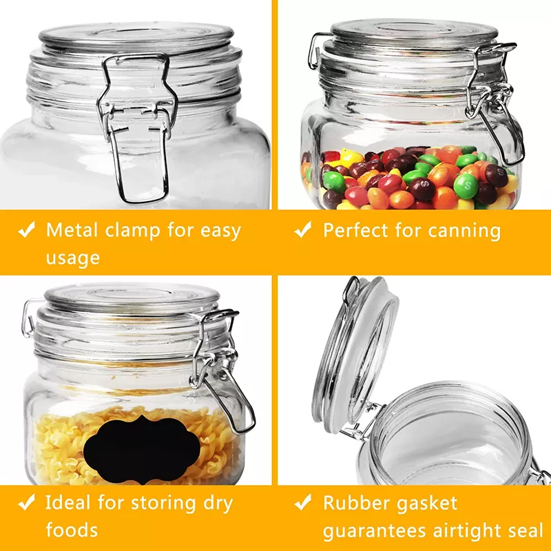 High Quality Customized Airtight Lock Lid Glass Jar Square And Round Airtight Storage Glass Jar With Metal Clip Lid