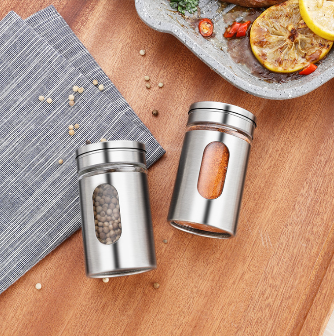 Wholesale Rotating Seasoning Bottles Kitchen Glass Spice Jar with Stainless Steel Sheath for Salt Pepper Chicken Essence BBQ Use