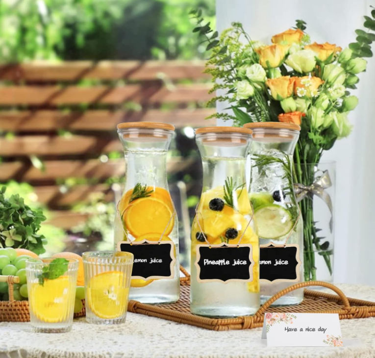 35oz Transparent Glass Water Bottle Kettle Beverage Dispenser with Bamboo Lid and Label for Wine Ice Tea Lemonade Milk Juice