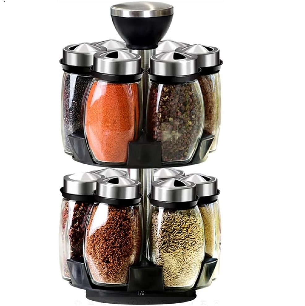 Glass Spinning Spice Storage Rack Tower Organizer with 12 Empty Jars Rotating Spice Holder Shelf Seasoning Rack Shelf