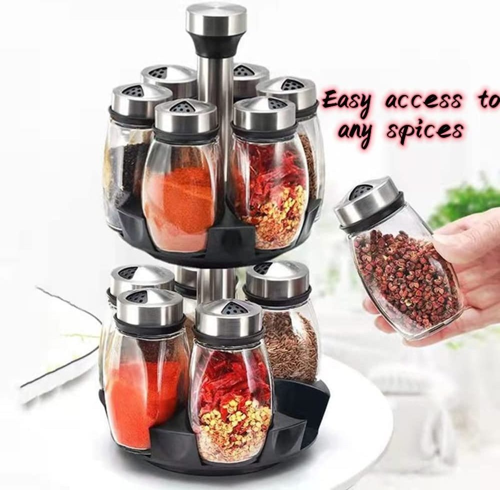 Glass Spinning Spice Storage Rack Tower Organizer with 12 Empty Jars Rotating Spice Holder Shelf Seasoning Rack Shelf