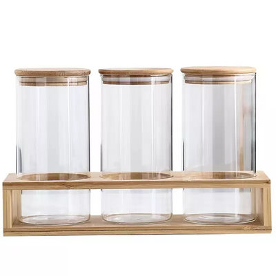 Hot Sale Airtight Glass Jar Storage Containers Stackable Wood Lid Glass Spice Jars with Bamboo Lids and Tray