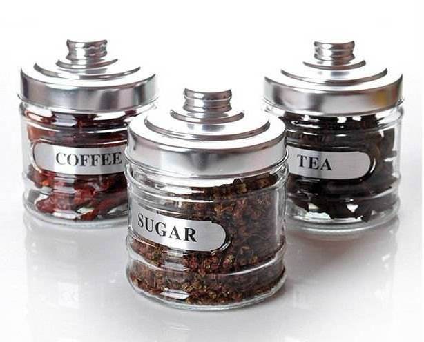 hotsale kitchen & tabletop glass kitchen jar for coffee sugar tea with silver lid