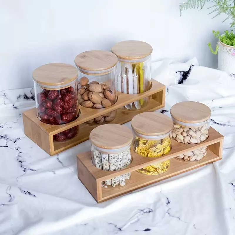 Hot Sale Airtight Glass Jar Storage Containers Stackable Wood Lid Glass Spice Jars with Bamboo Lids and Tray