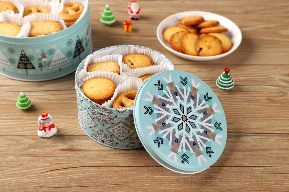 Christmas Round Candy Cookie Tins Storage Tins For Gift Giving, Extra Thick Metal - Large, Medium and Small Sizes