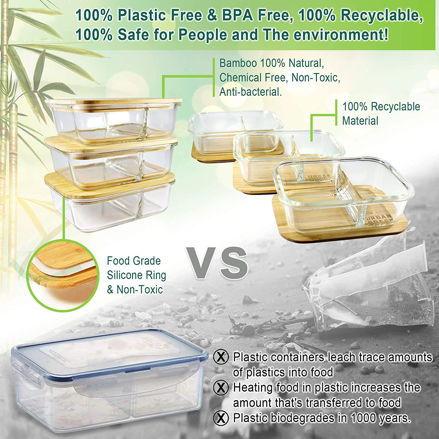 Glass  Meal Prep Container Bamboo Lid Glass Food Storage 2 Compartments Pantry & Kitchen Organizer Lunch Bento Box Microwave