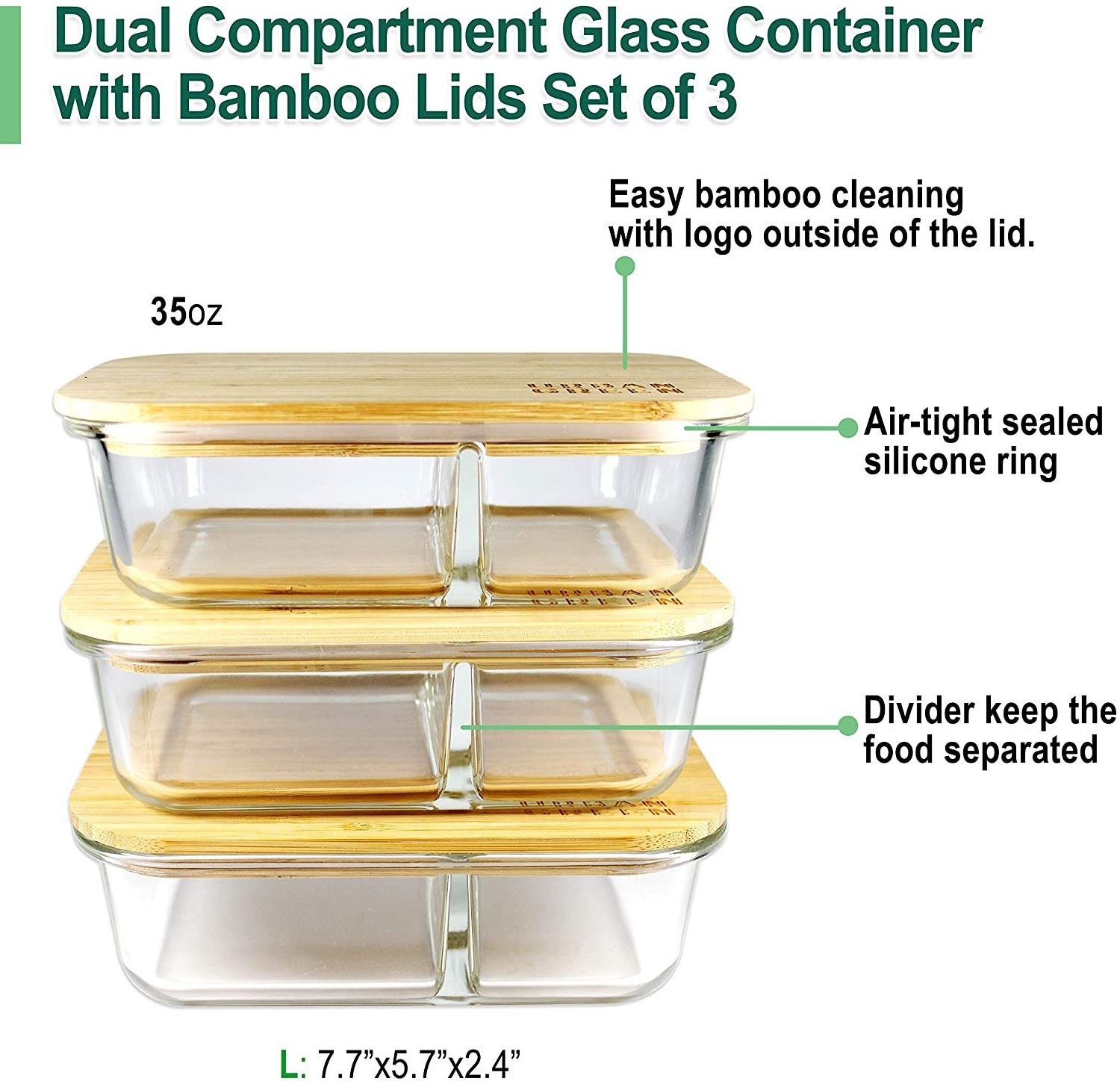 Glass  Meal Prep Container Bamboo Lid Glass Food Storage 2 Compartments Pantry & Kitchen Organizer Lunch Bento Box Microwave