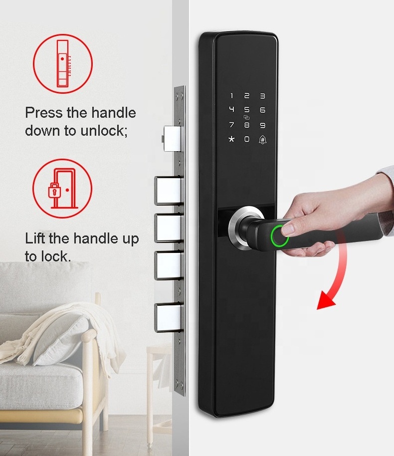 Aluminum alloy TUYA WIFI safe electric keyless digital electronic smart handle Biometric fingerprint door lock for home