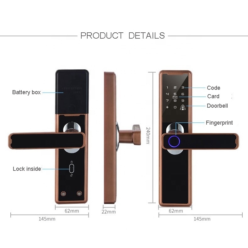 Home bedroom wooden door cerradura inteligente electronic TUYA APP smart handle lock with fingerprint