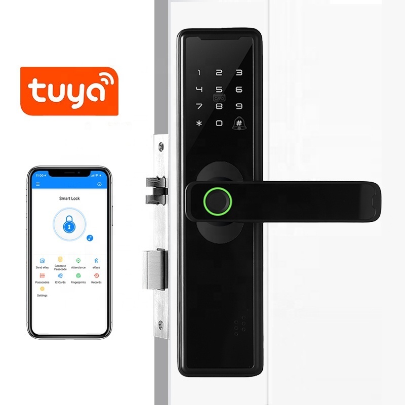 Home bedroom wooden door cerradura inteligente electronic TUYA APP smart handle lock with fingerprint