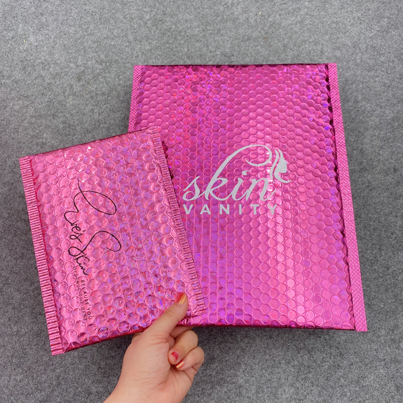 Custom Rose Pink Laser Holographic Foil Bubble Mailer Makeup Gift Bags Colorful Packaging Bubble Mailer Padded Shipping Envelope