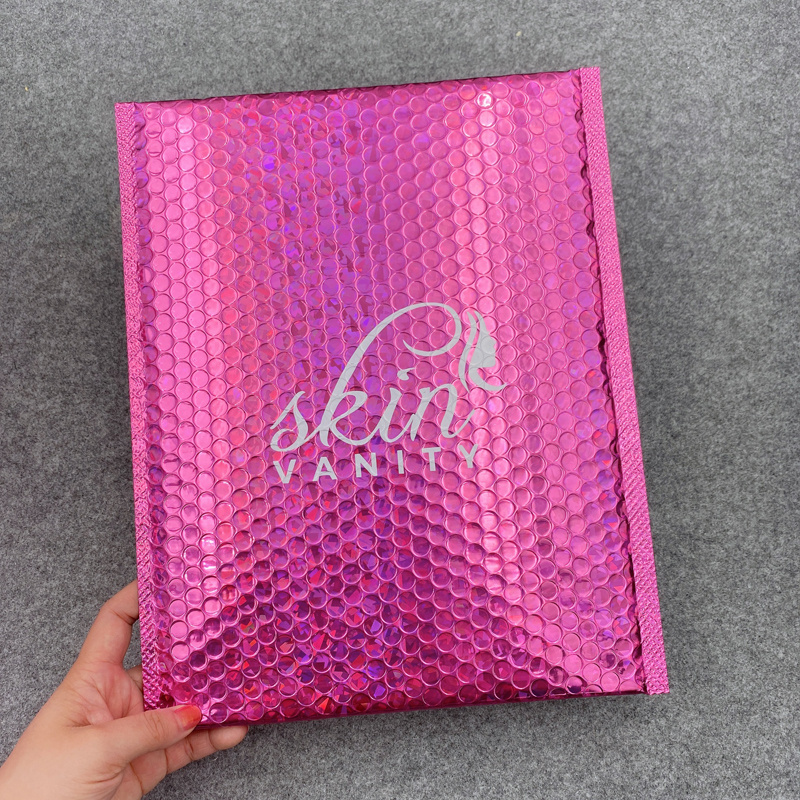 Custom Rose Pink Laser Holographic Foil Bubble Mailer Makeup Gift Bags Colorful Packaging Bubble Mailer Padded Shipping Envelope