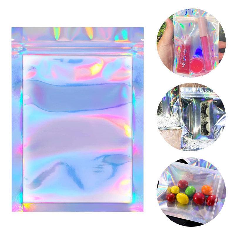 Custom Printed Holographic Transparent Cosmetic Hologram Zipper  3 Sides Self Sealing Packaging Bag Cosmetic Underwear Pouch