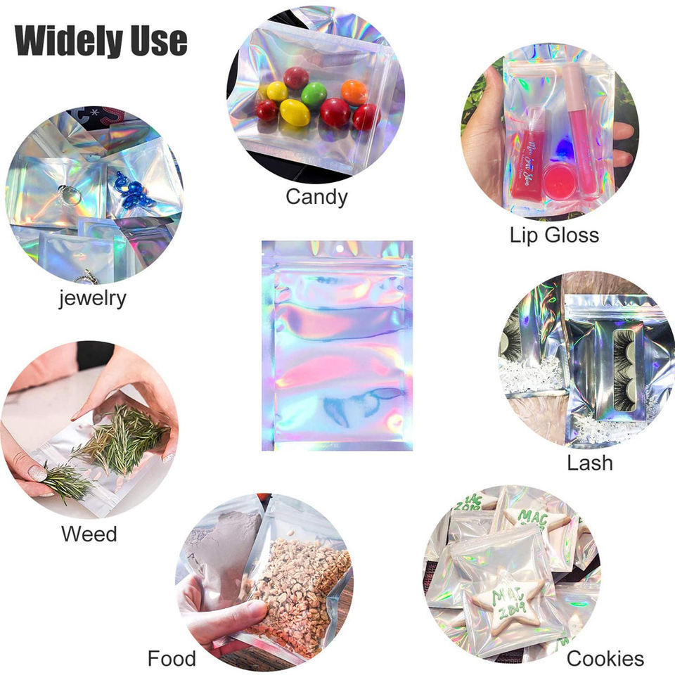 Custom Printed Holographic Transparent Cosmetic Hologram Zipper  3 Sides Self Sealing Packaging Bag Cosmetic Underwear Pouch