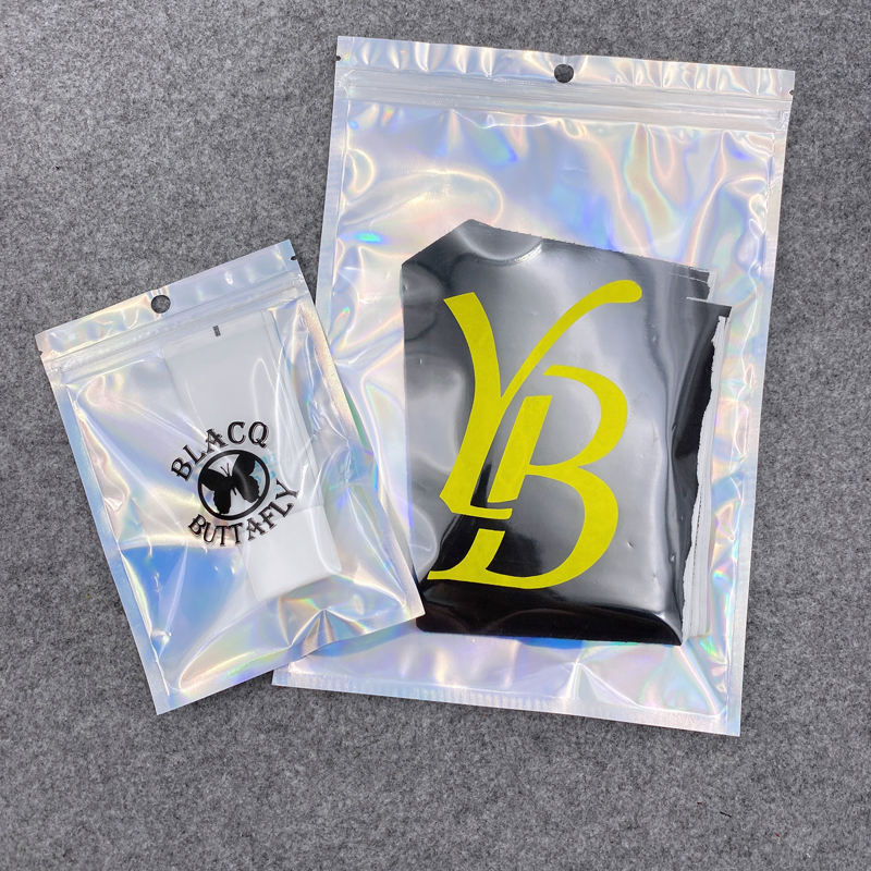 Custom Printed Holographic Transparent Cosmetic Hologram Zipper  3 Sides Self Sealing Packaging Bag Cosmetic Underwear Pouch