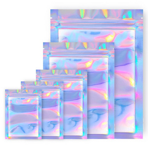 Custom Printed Holographic Transparent Cosmetic Hologram Zipper  3 Sides Self Sealing Packaging Bag Cosmetic Underwear Pouch