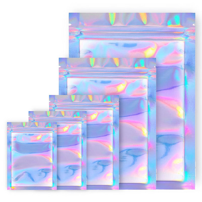 Custom Printed Holographic Transparent Cosmetic Hologram Zipper  3 Sides Self Sealing Packaging Bag Cosmetic Underwear Pouch