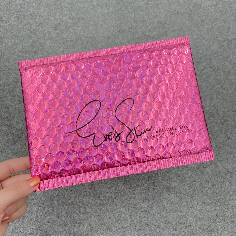 Custom Rose Pink Laser Holographic Foil Bubble Mailer Makeup Gift Bags Colorful Packaging Bubble Mailer Padded Shipping Envelope