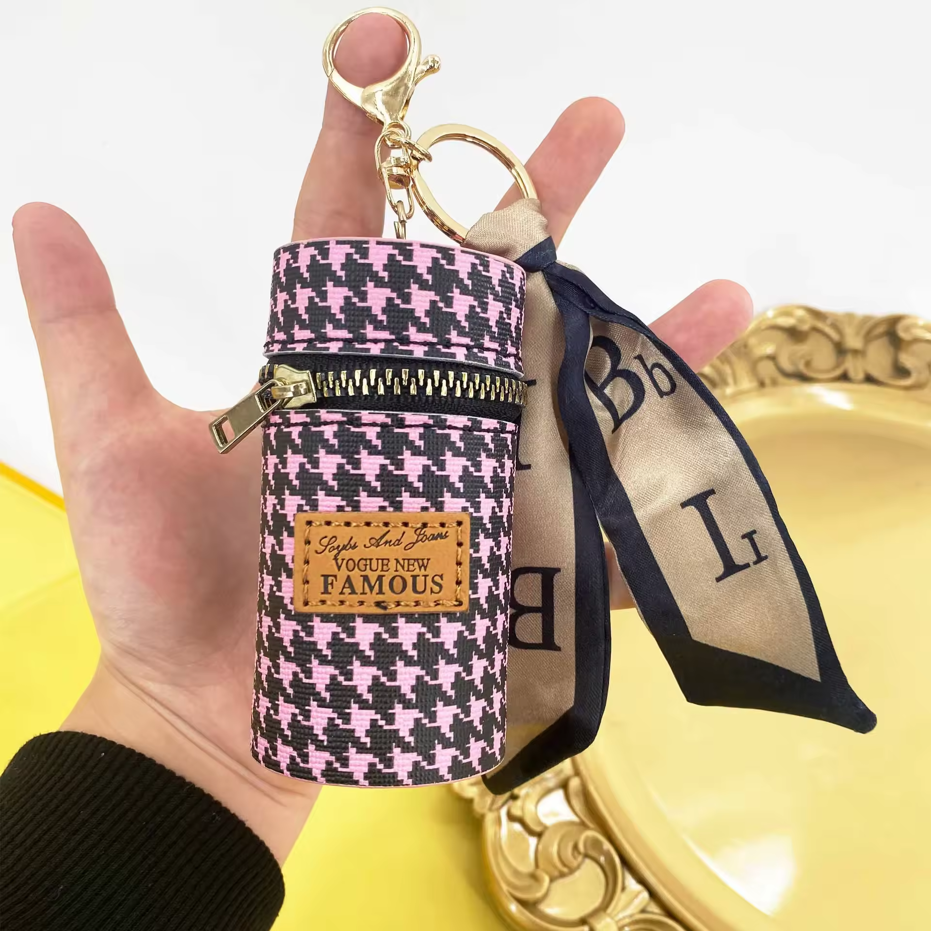 new luxury brand creative travel leather keychain pendant lipstick bag holder purse key chain pouch lipstick keychain with scarf