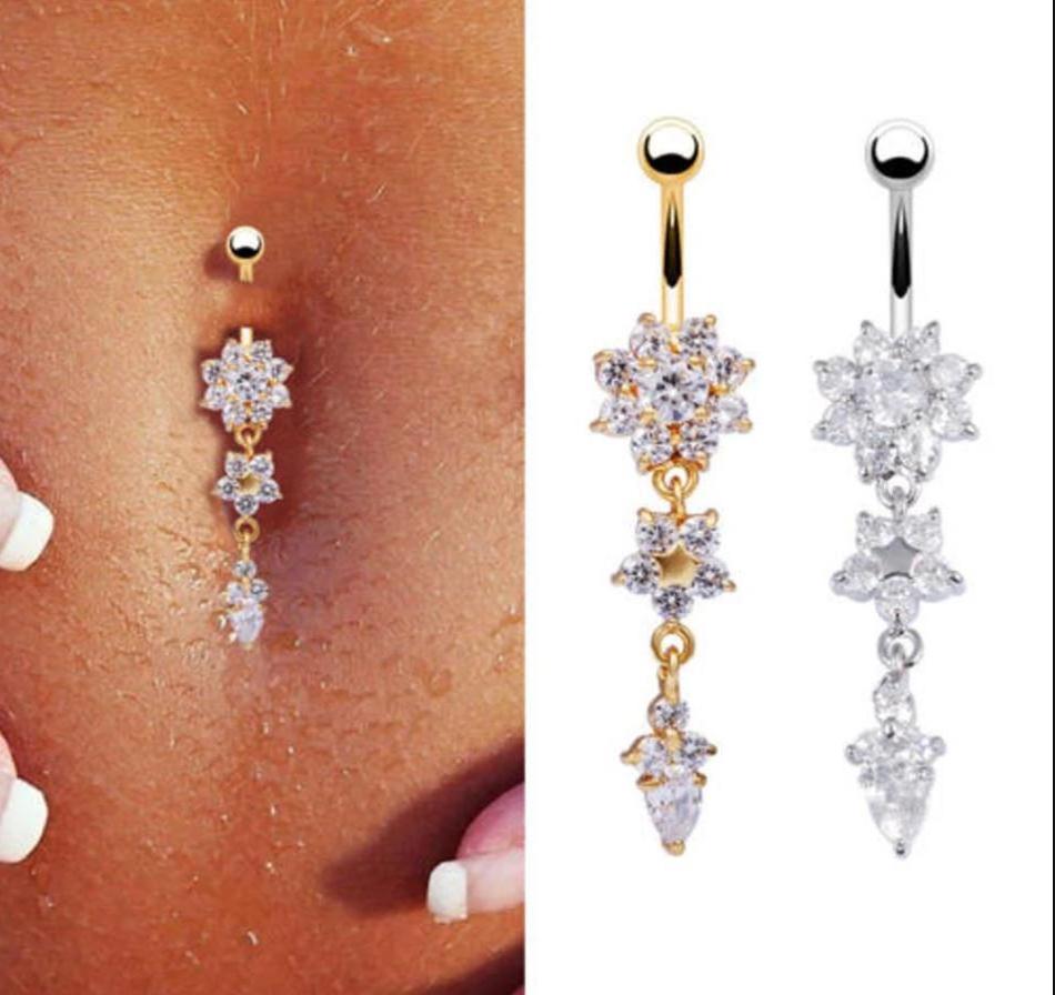 2020 Hot Fashion Body Stainless Steel Sexy Piercing Navel Nail Crystal Flower Belly Button Rings for Women Girls Party