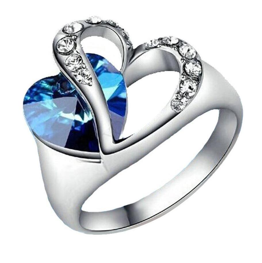 Wholesale 18K White Gold Platinum Plated Titanic Heart Of Ocean Ring Blue Crystal Heart Wedding Ring