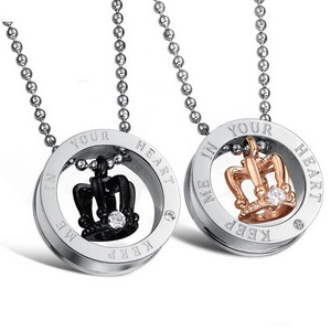 Free Shipping Fashion Jewelry Circle Crown Pendant 316L Stainless Steel Necklace Lovers' Couple NecklacesGolden And Black gx603