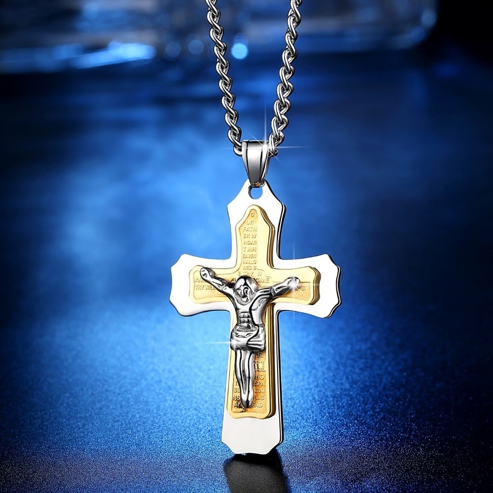 Gold Multilayer Cross Christ Jesus Pendant Necklace for Men Stainless Steel Men's Chain Gift Jewelry 60cm