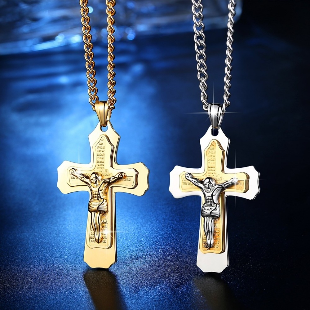 Gold Multilayer Cross Christ Jesus Pendant Necklace for Men Stainless Steel Men's Chain Gift Jewelry 60cm