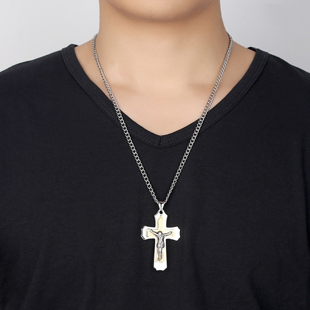 Gold Multilayer Cross Christ Jesus Pendant Necklace for Men Stainless Steel Men's Chain Gift Jewelry 60cm