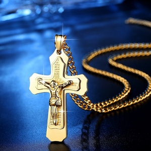 Gold Multilayer Cross Christ Jesus Pendant Necklace for Men Stainless Steel Men's Chain Gift Jewelry 60cm