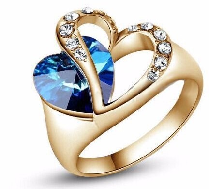 Wholesale 18K White Gold Platinum Plated Titanic Heart Of Ocean Ring Blue Crystal Heart Wedding Ring