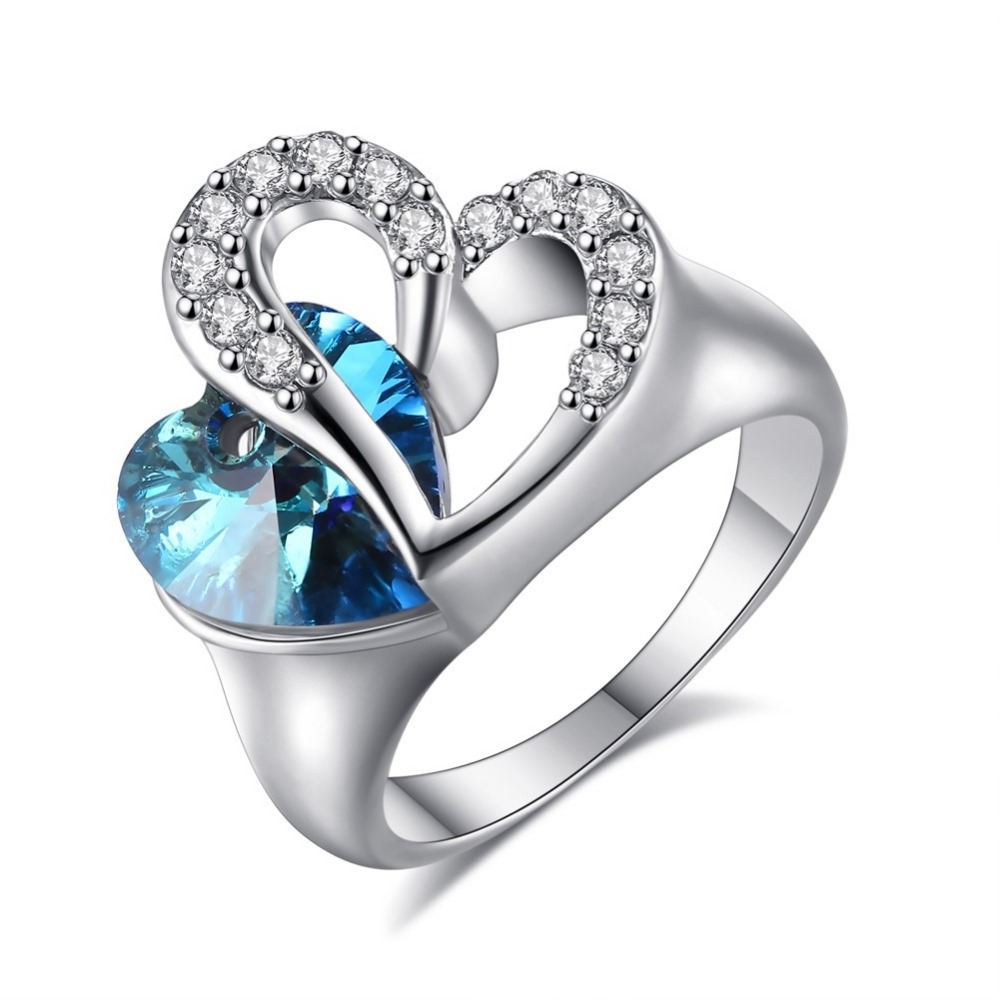 Wholesale 18K White Gold Platinum Plated Titanic Heart Of Ocean Ring Blue Crystal Heart Wedding Ring