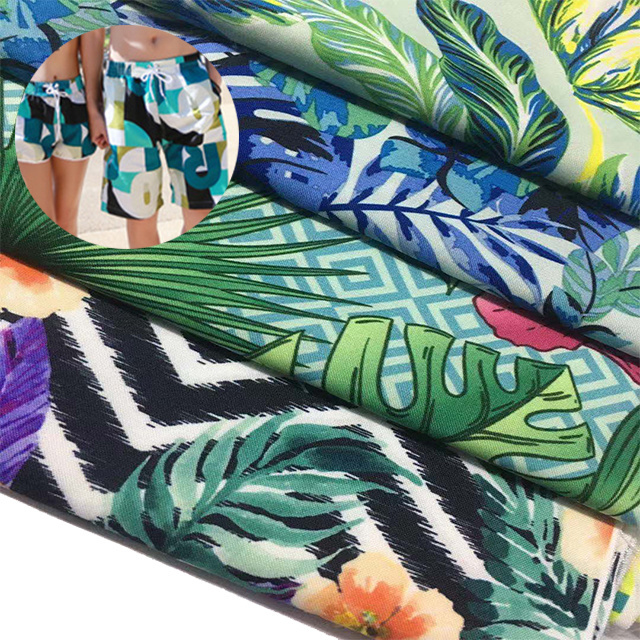 recycled polyester micro twill waterproof fabric for beach short palm tree hawaiian print peach skin microfiber fabric