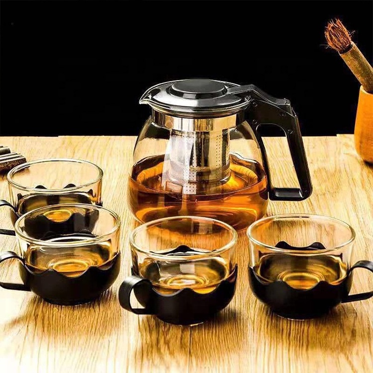 Set of 5pcs Glass Tea Sets Strainer Tea Maker Teapot Set Glass Coffee Pot with Infuser Teapot Removable Stainless Steel CLASSIC